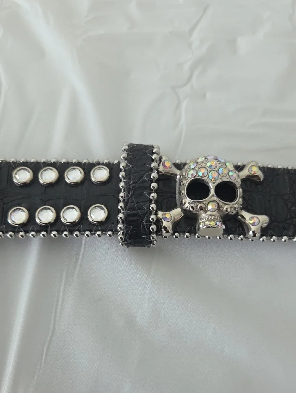 Skull Cluster Rhinestone Belt Buckle on Black Studded Belt